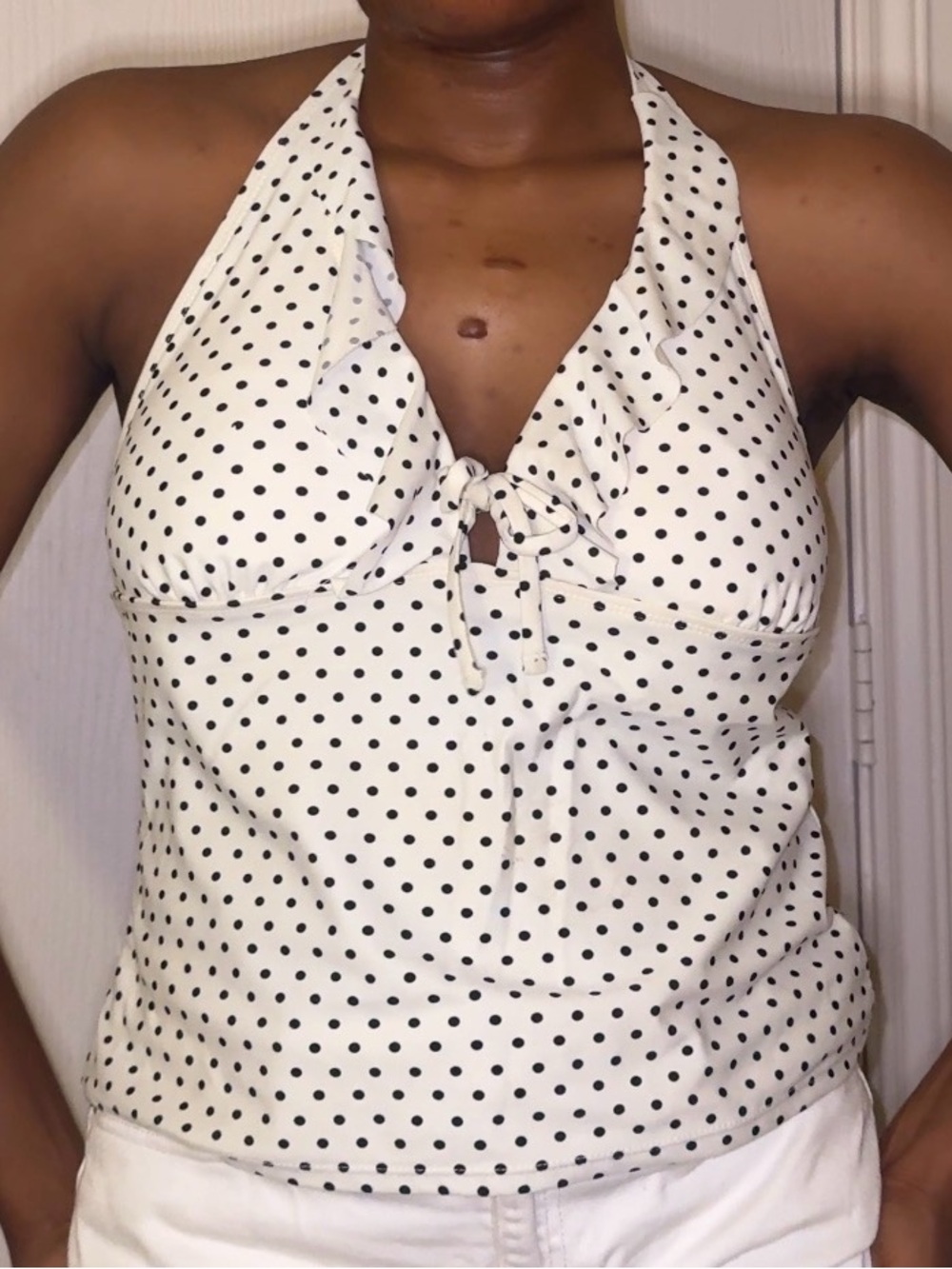 Polka Dot Halter Tank Top - White with Black Dots